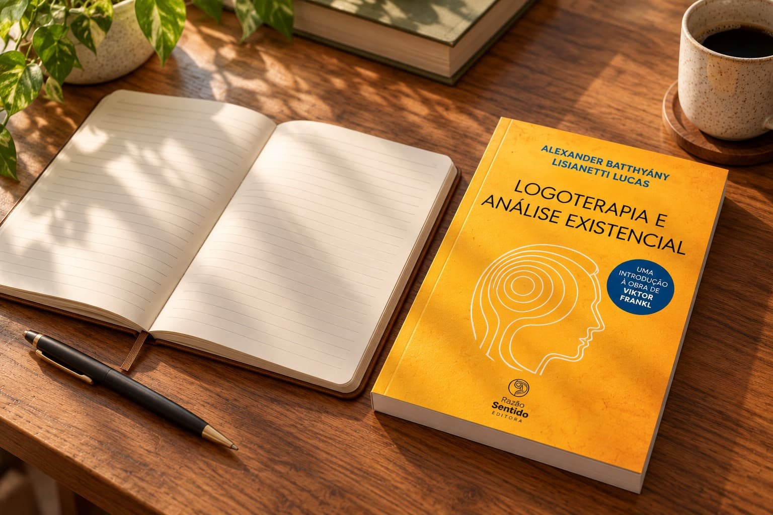 Mesa de estudos com livro de logoterapia